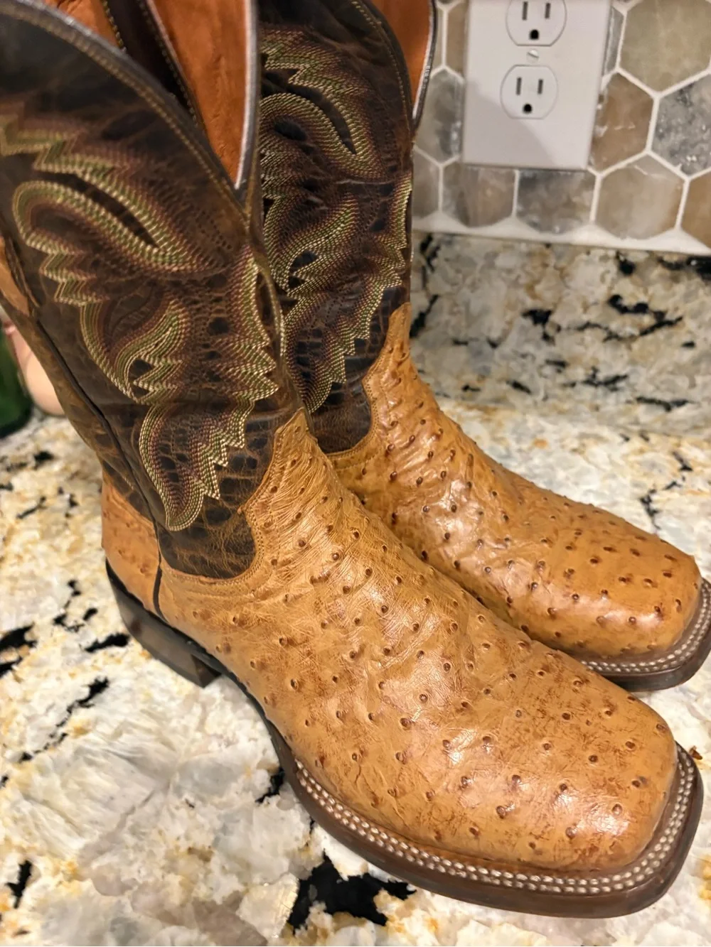 Justin Boots Tan Ostrich-Textured Western Boots with Brown Embroidered Shaft